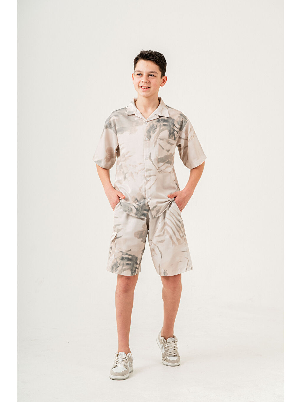 Ekru Erkek Çocuk 2'li Takım (Gömlek+Bermuda Pantolon) P1057-3