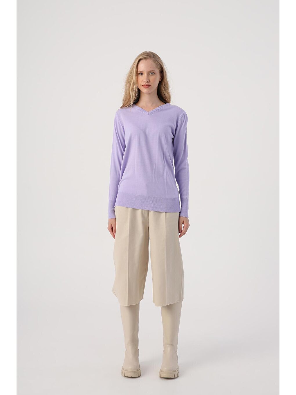 Açık Lila V Yaka Triko Kazak-1
