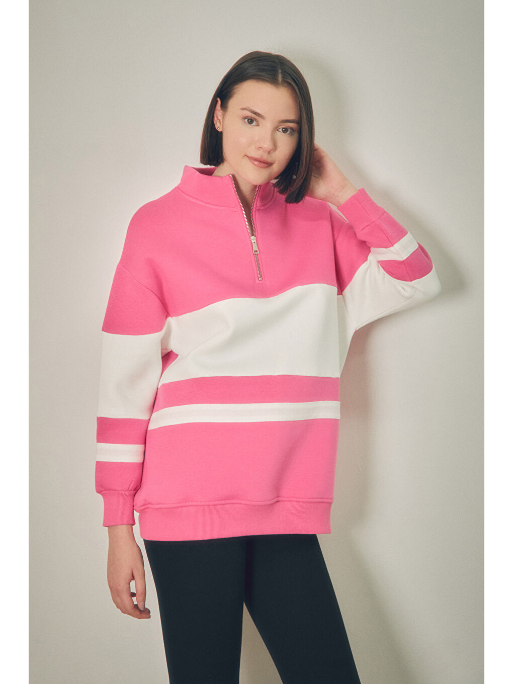 Fullamoda Pembe Renk Bloklu Yarım Fermuarlı Sweatshirt