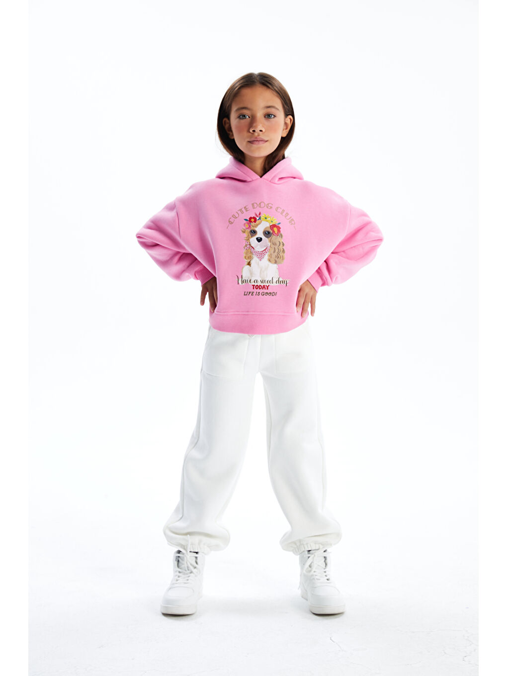 Dexia Pembe Cute Dog   Kapüşonlu ve İçi Şardonlu Dijital Baskılı Sweatshirt   Pembe Renk