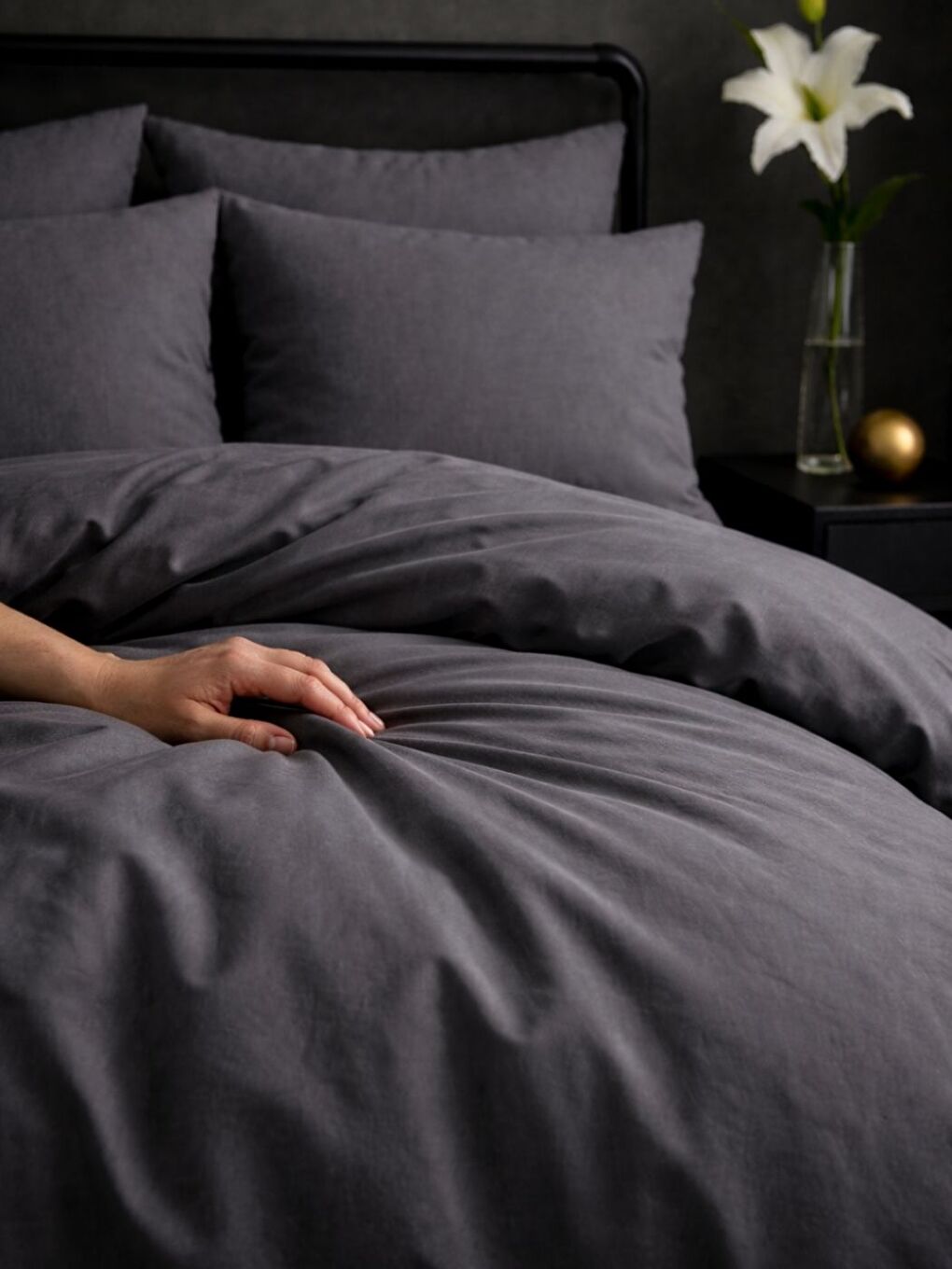 Gri %100 Pamuklu Düz Boya Stone Grey Çift Kişilik Nevresim Seti-1