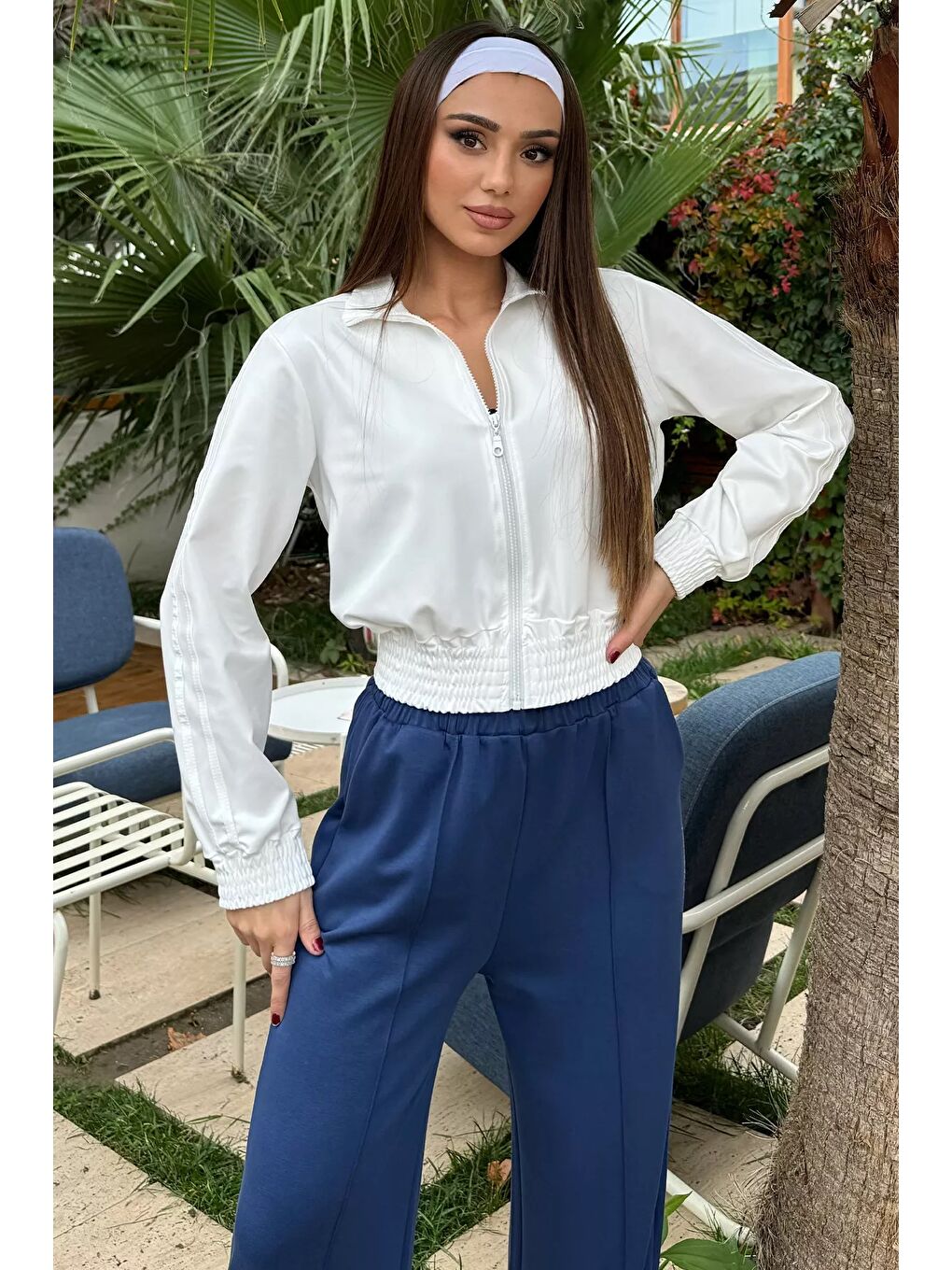 Beyaz Kadın Kol Şeritli Bel Lastikli Mevsimlik Ceket