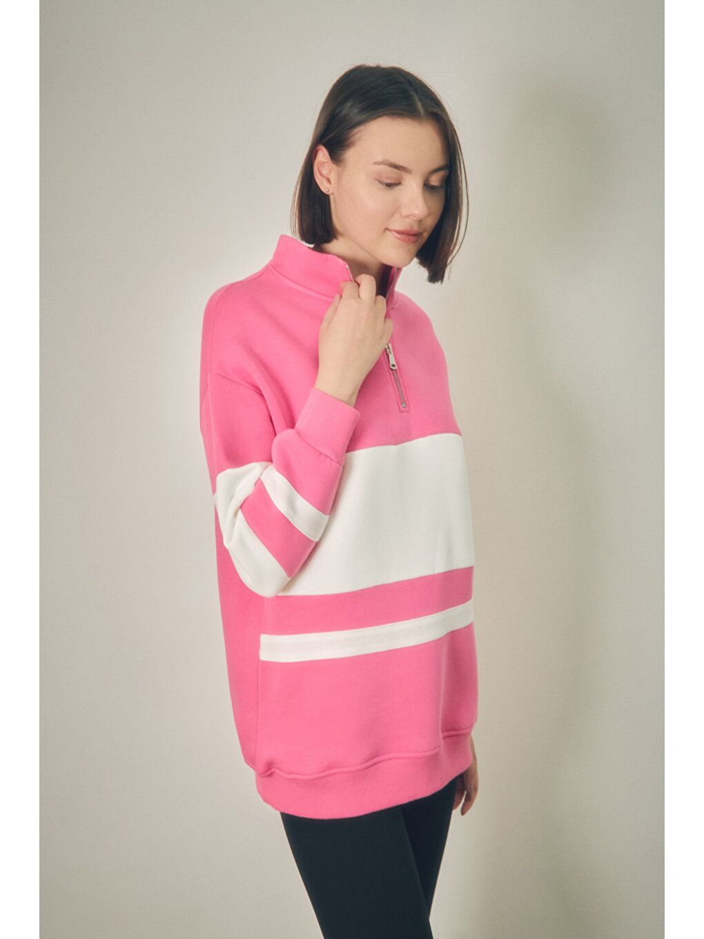 Fullamoda Pembe Renk Bloklu Yarım Fermuarlı Sweatshirt - 2