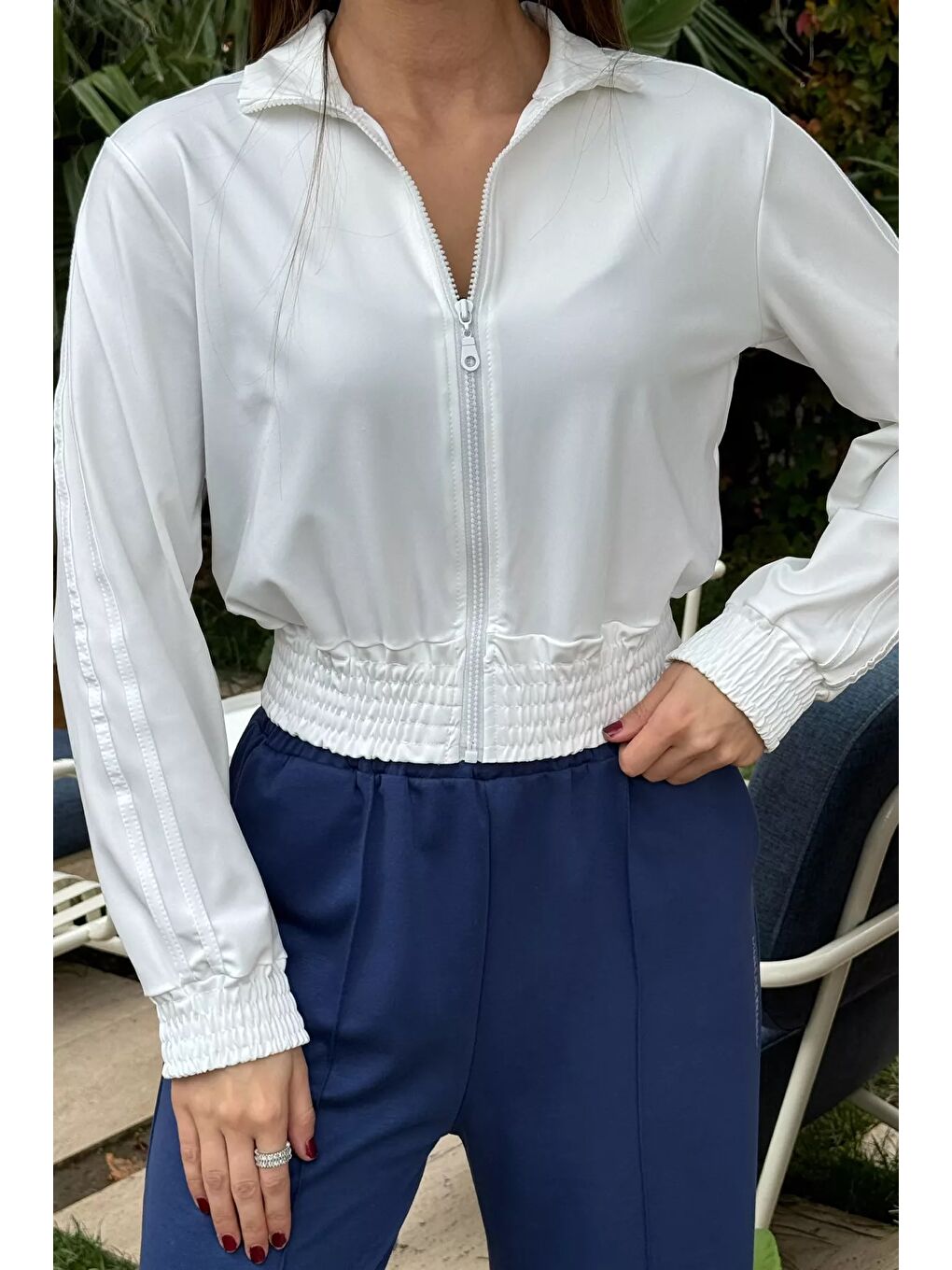 Beyaz Kadın Kol Şeritli Bel Lastikli Mevsimlik Ceket-1