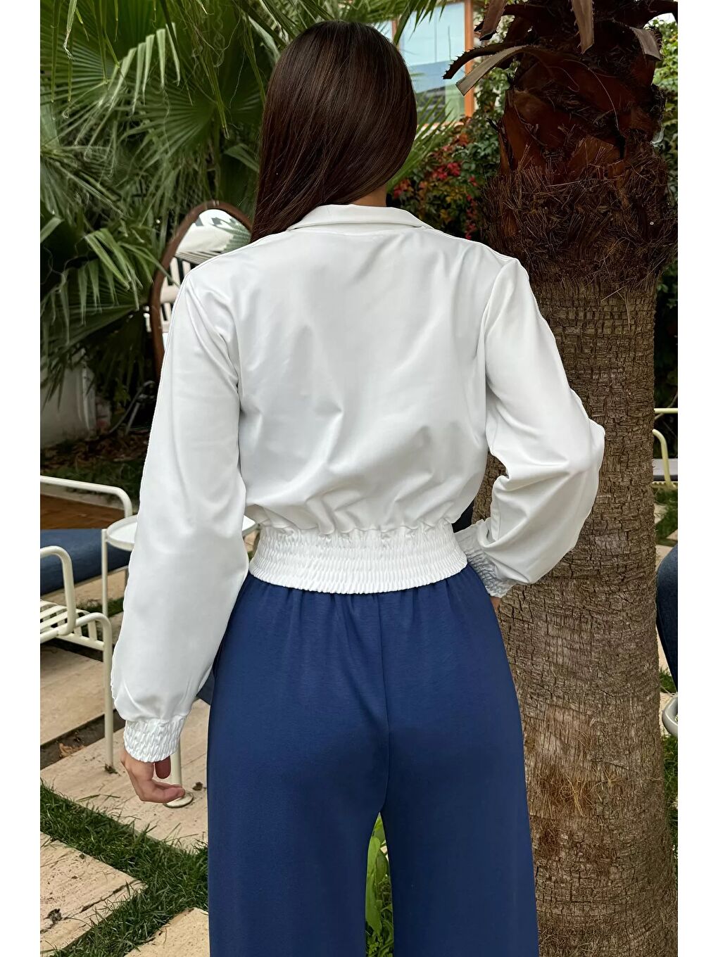 Beyaz Kadın Kol Şeritli Bel Lastikli Mevsimlik Ceket-2