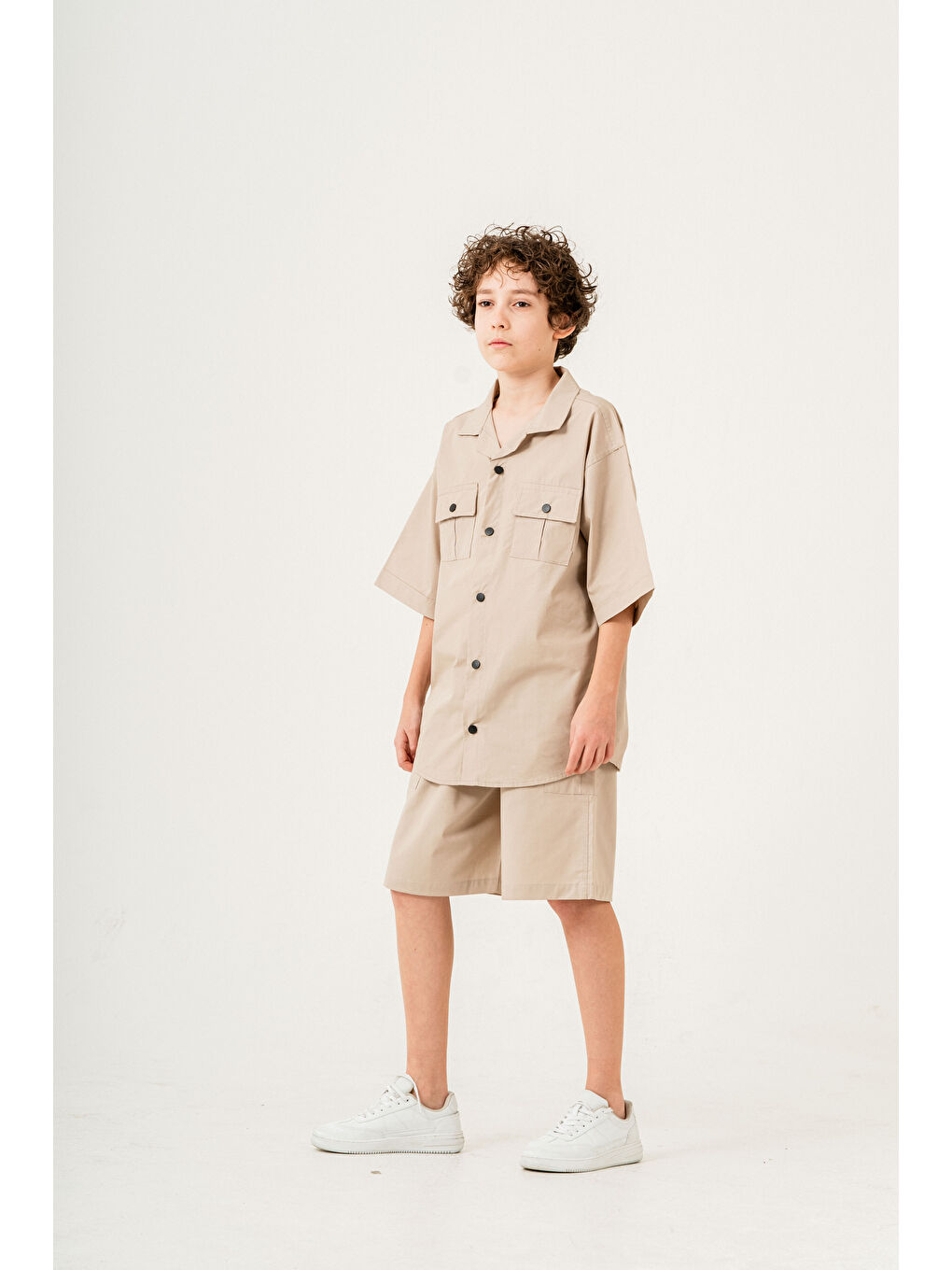 Ekru Erkek Çocuk 2'li Takım (Gömlek+Bermuda Pantolon) P1032-1