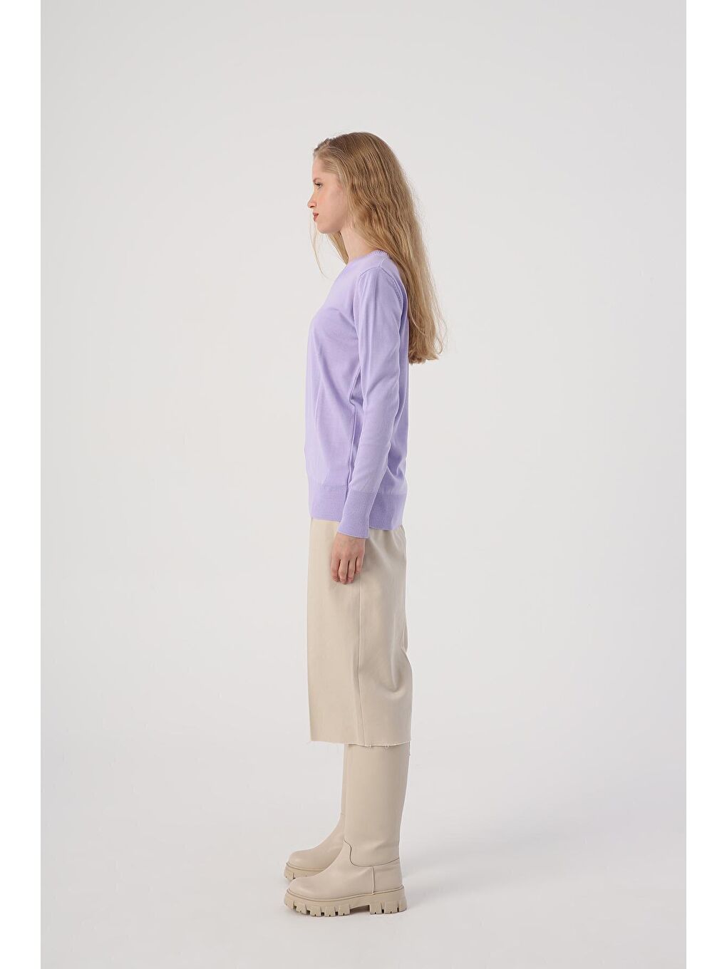 Açık Lila V Yaka Triko Kazak-2