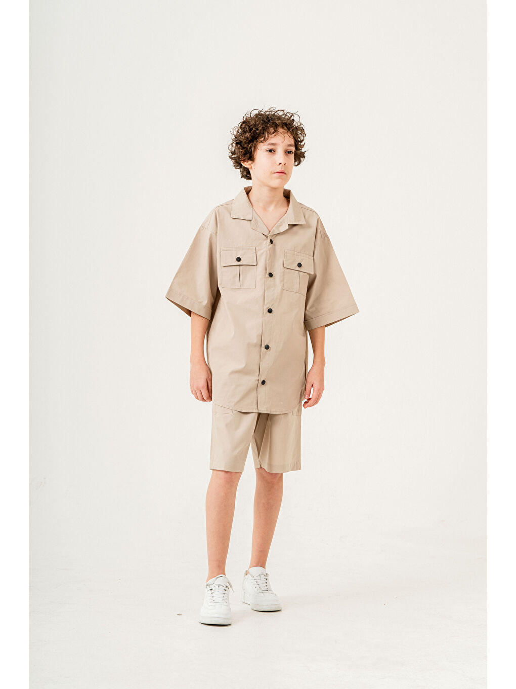 Ekru Erkek Çocuk 2'li Takım (Gömlek+Bermuda Pantolon) P1032-2