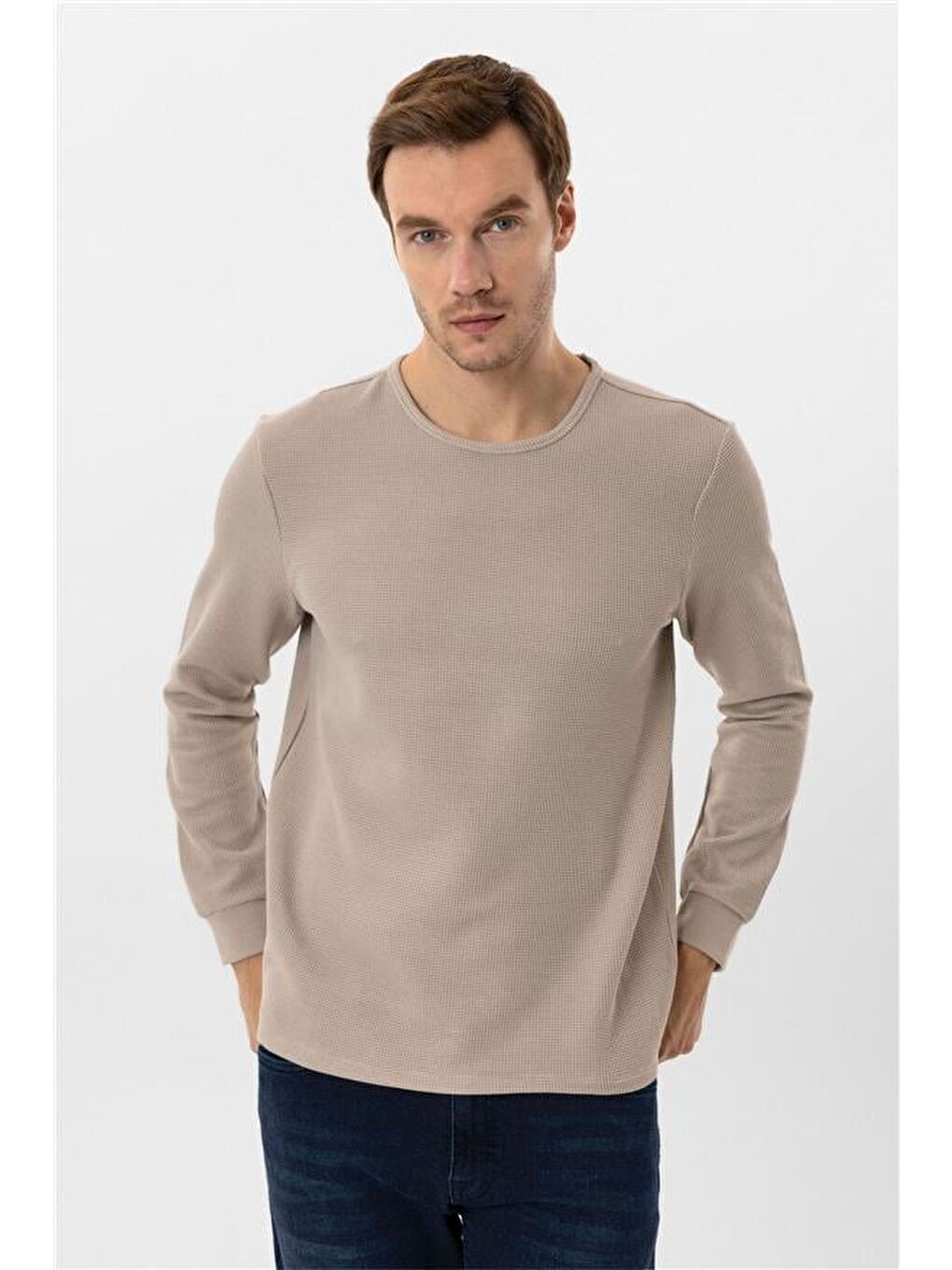 Bej Slim Armürlü Bisiklet Yaka Triko-1