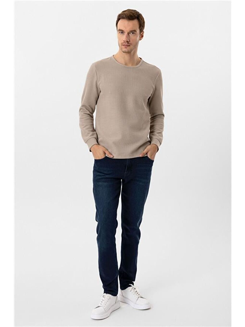 Bej Slim Armürlü Bisiklet Yaka Triko-2