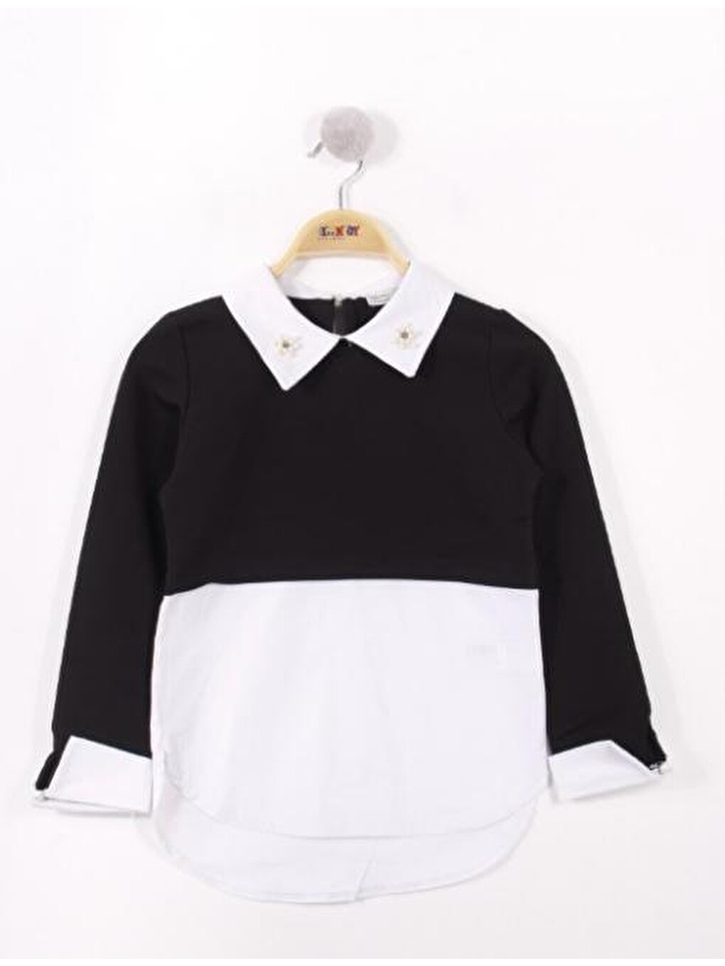 Siyah Kız Çocuk Gömlek Detaylı Yakası İncili Okul Sweatshirt