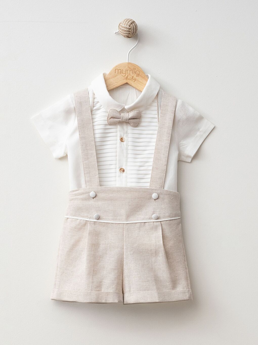 Kahverengi Kısa Kollu Papyonlu Erkek Bebek Gömlek ve Salopet 2'li Takım