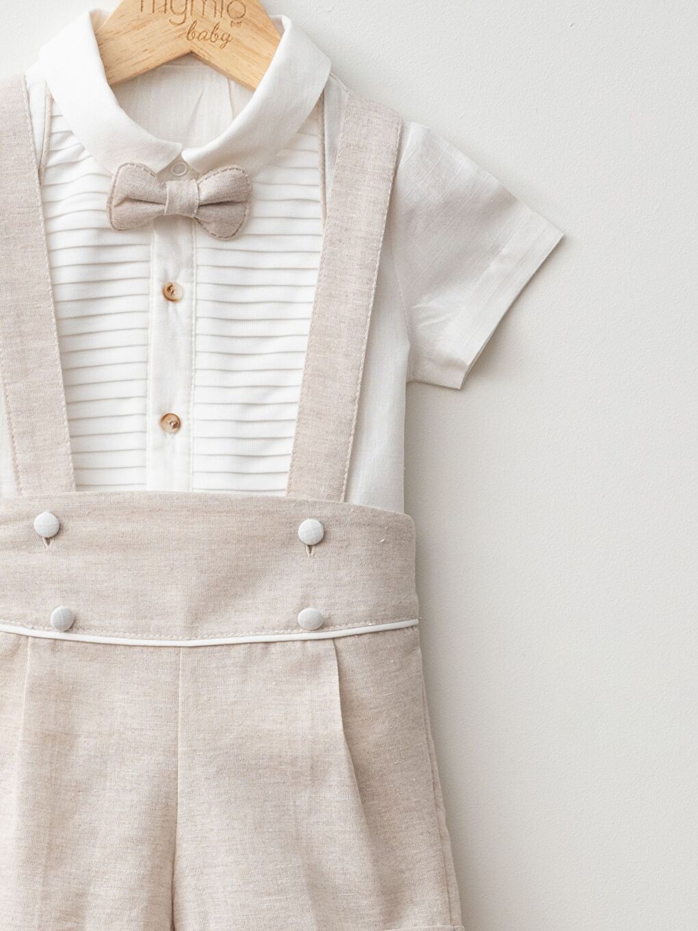 Kahverengi Kısa Kollu Papyonlu Erkek Bebek Gömlek ve Salopet 2'li Takım-1