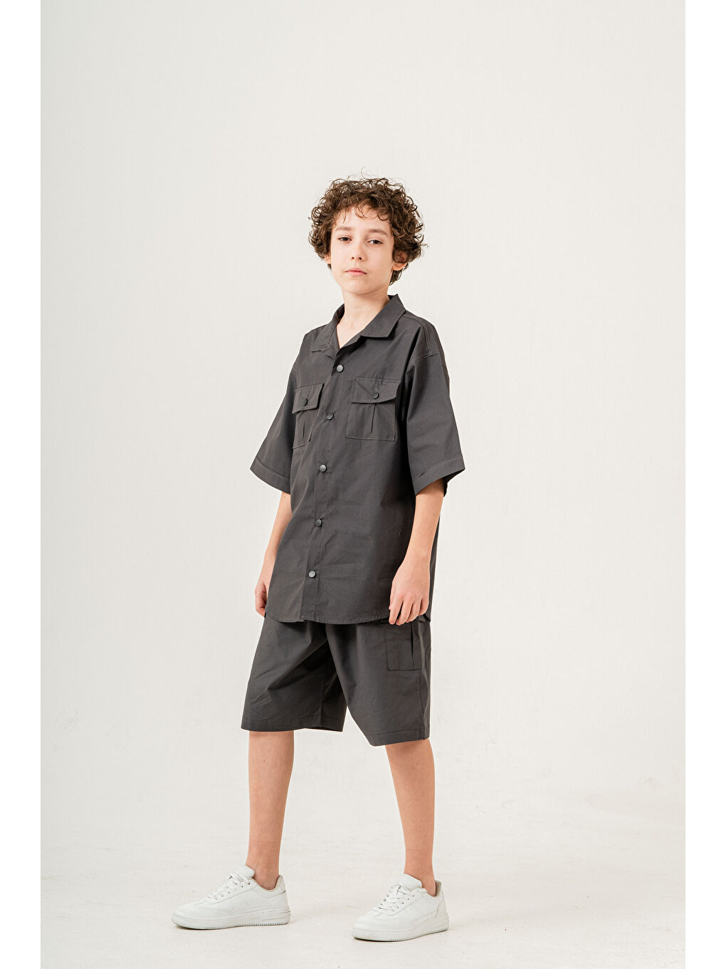 Gri Erkek Çocuk 2'li Takım (Gömlek+Bermuda Pantolon) P1032