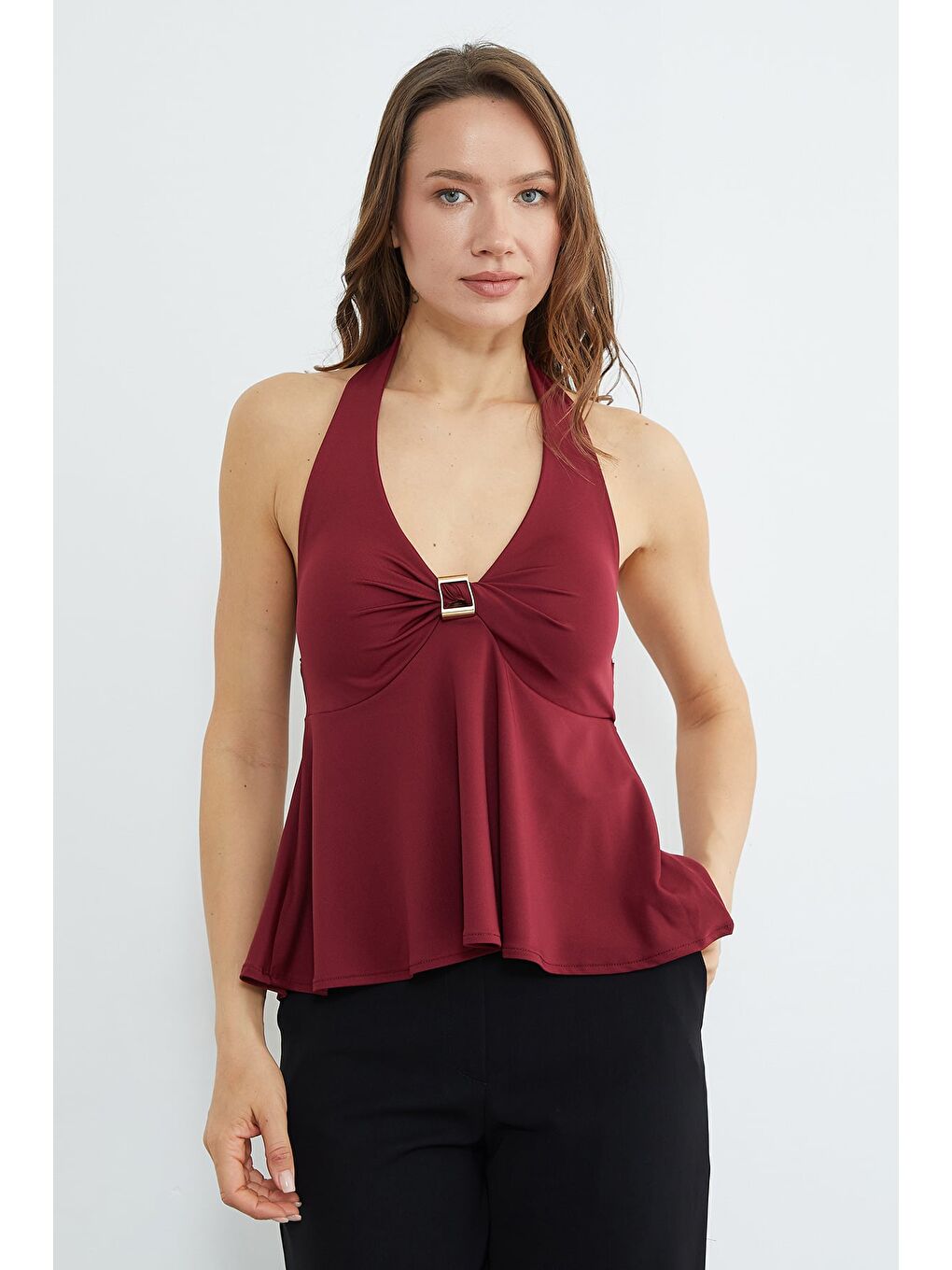 Bordo Toka Aksesuarlı Boyundan Geçirmeli Kaplı Bluz-1