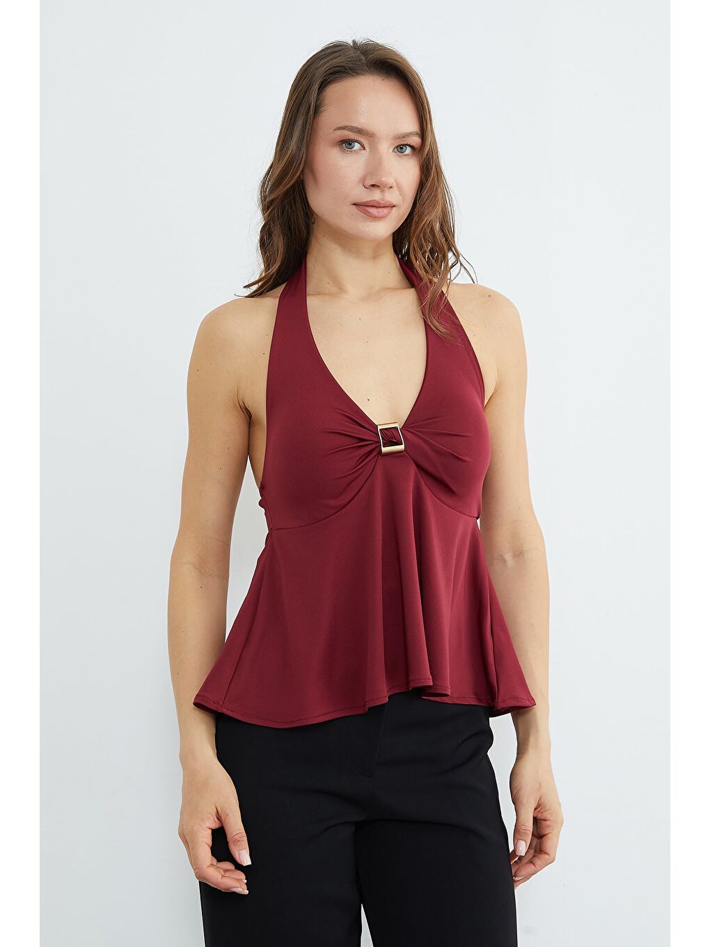 Bordo Toka Aksesuarlı Boyundan Geçirmeli Kaplı Bluz-2