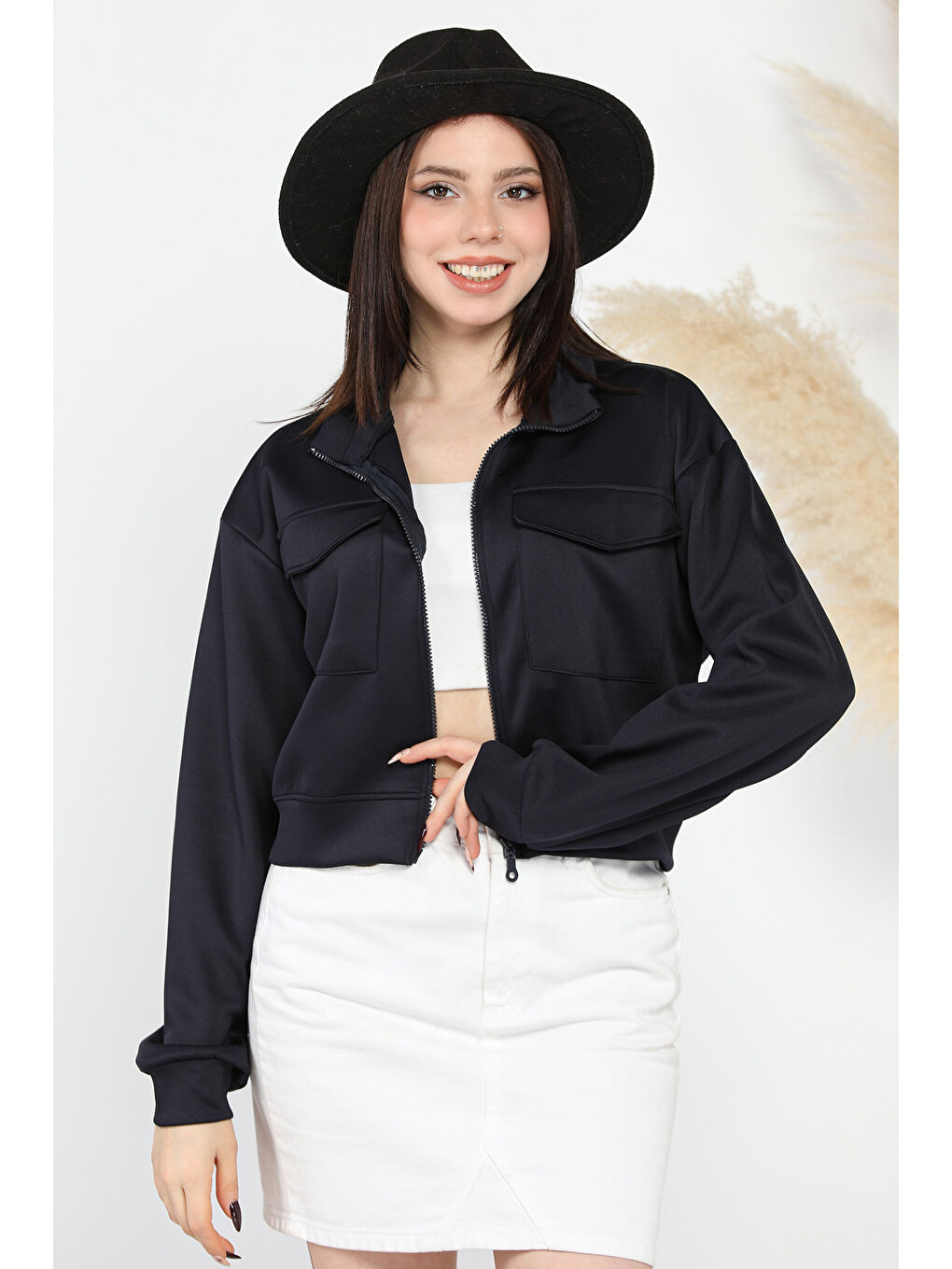 Lacivert Kadın Scuba Kumaş Fermuarlı Çift Cepli Hırka