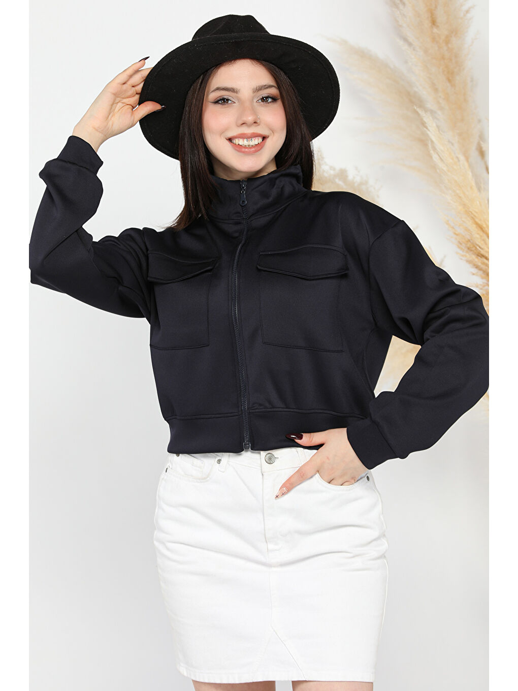 Lacivert Kadın Scuba Kumaş Fermuarlı Çift Cepli Hırka-1