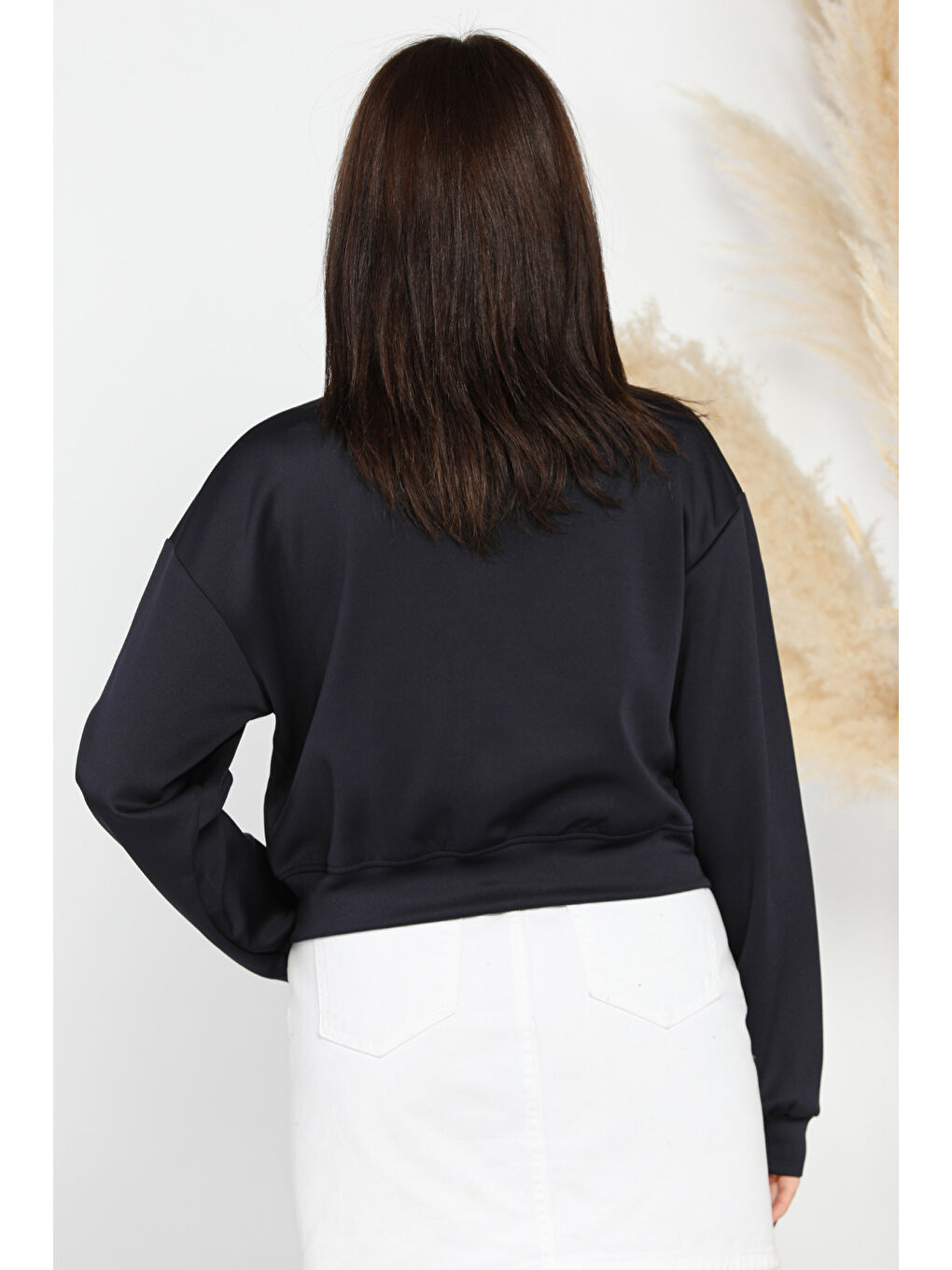 Lacivert Kadın Scuba Kumaş Fermuarlı Çift Cepli Hırka-2