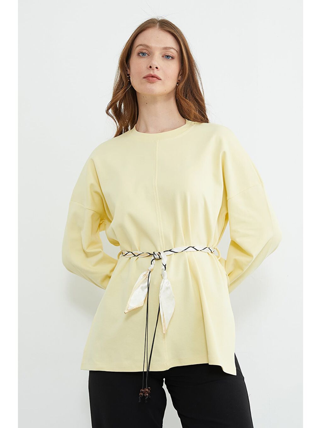 Sarı Kemerli Yırtmaçlı Geniş Kol Tunik-2