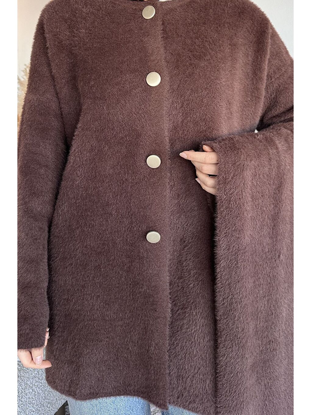 Kahverengi Gülseli Atkılı Tesettür Triko Hırka-6