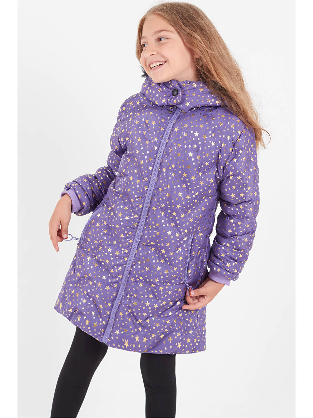 Lila Kız Çocuk Mont Yıldız Desenli Kapüşonlu Şişme Mont 14535-1