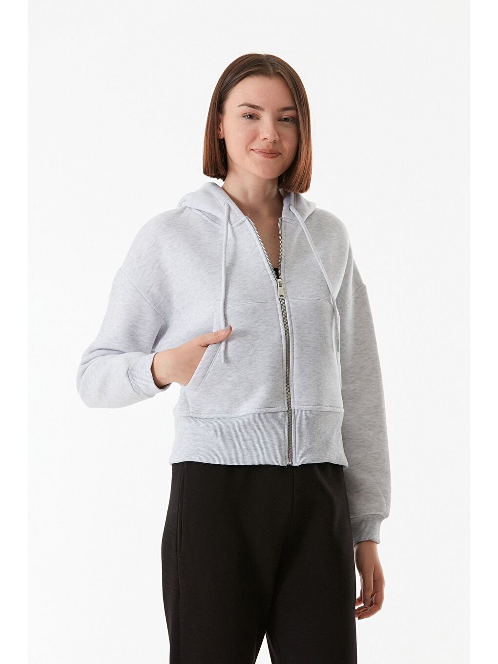 Fullamoda Gri Basic Cepli Kapüşonlu Crop Sweatshirt