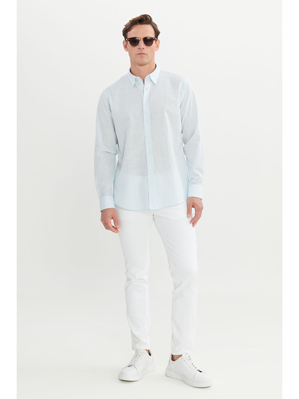 Erkek Açık Mavi Comfort Fit Rahat Kesim Gizli Düğme Yaka %100 Pamuk Flamlı Gömlek-1