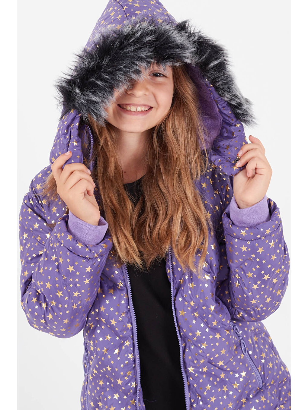Lila Kız Çocuk Mont Yıldız Desenli Kapüşonlu Şişme Mont 14535-2
