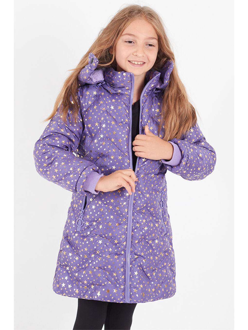 Lila Kız Çocuk Mont Yıldız Desenli Kapüşonlu Şişme Mont 14535-3