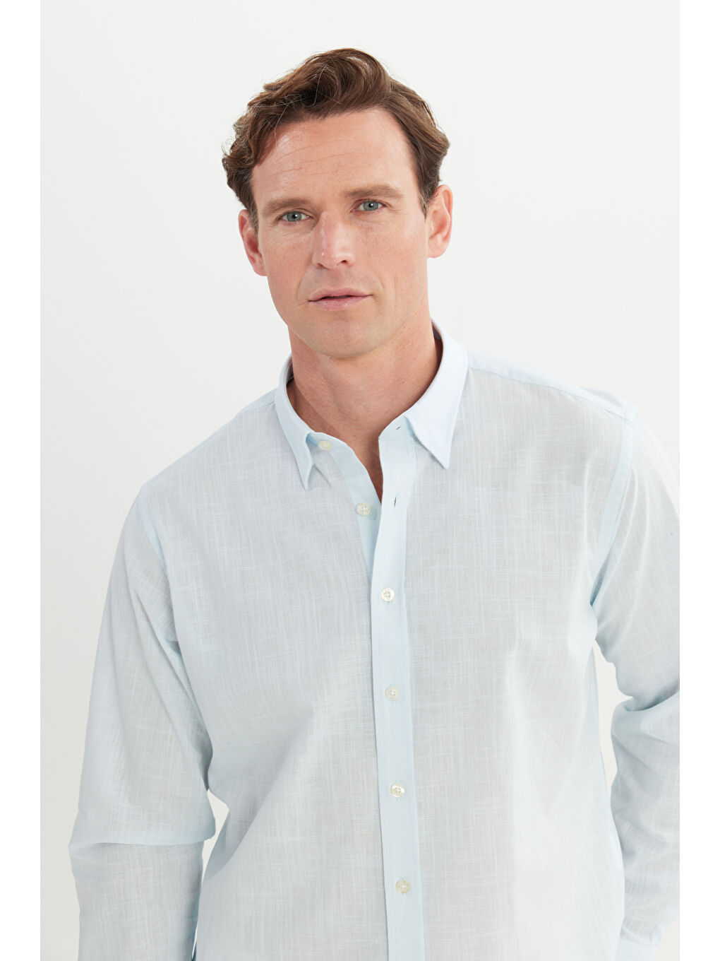 Erkek Açık Mavi Comfort Fit Rahat Kesim Gizli Düğme Yaka %100 Pamuk Flamlı Gömlek-3