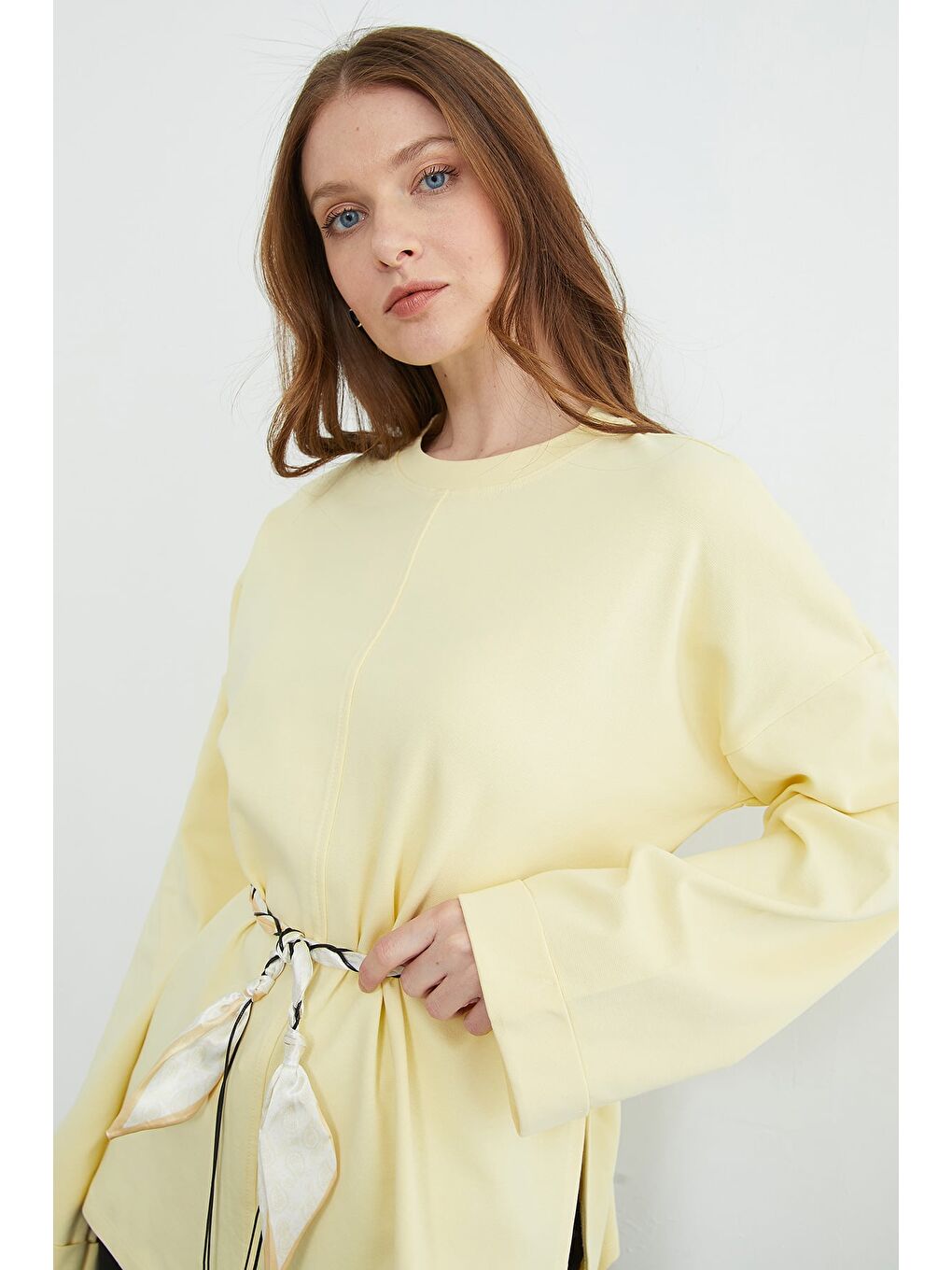 Sarı Kemerli Yırtmaçlı Geniş Kol Tunik-4