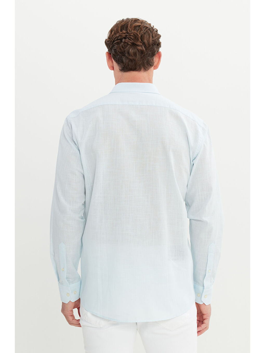 Erkek Açık Mavi Comfort Fit Rahat Kesim Gizli Düğme Yaka %100 Pamuk Flamlı Gömlek-4