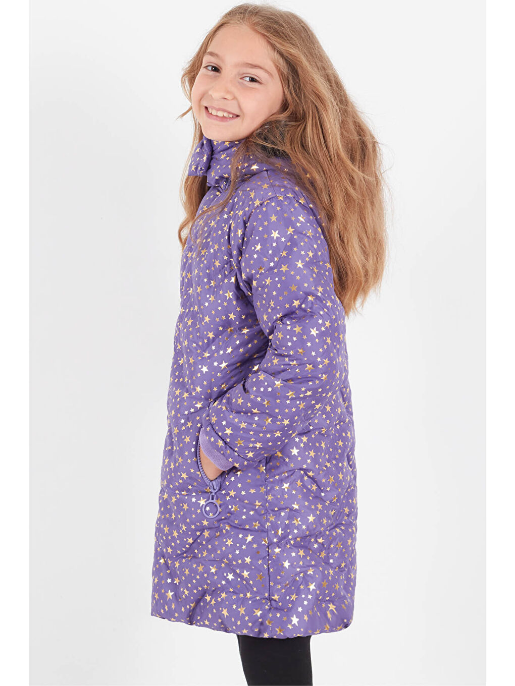 Lila Kız Çocuk Mont Yıldız Desenli Kapüşonlu Şişme Mont 14535-4