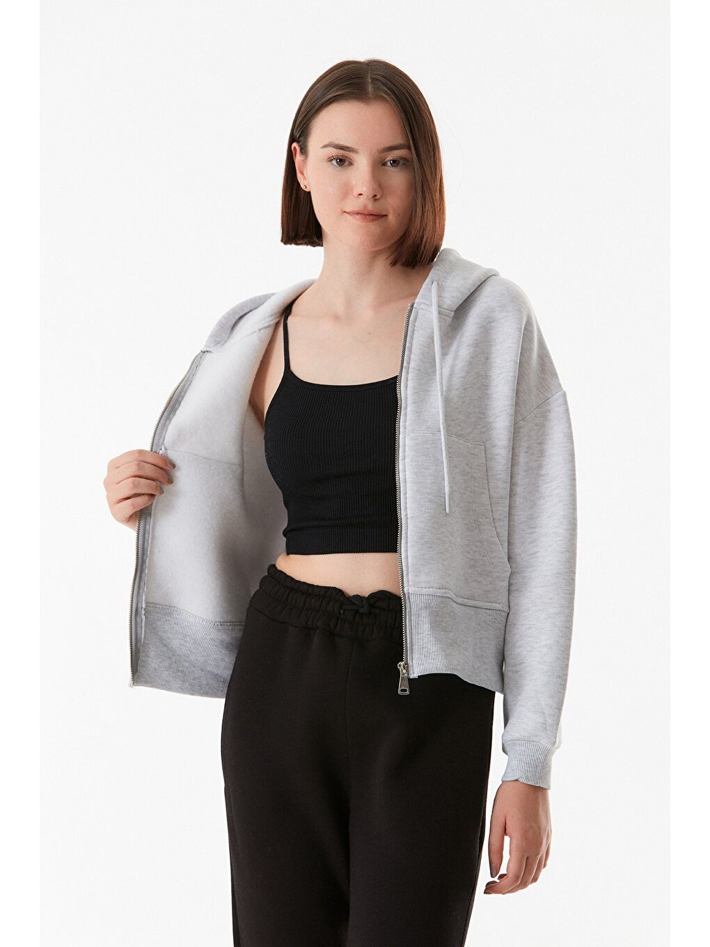 Fullamoda Gri Basic Cepli Kapüşonlu Crop Sweatshirt - 2