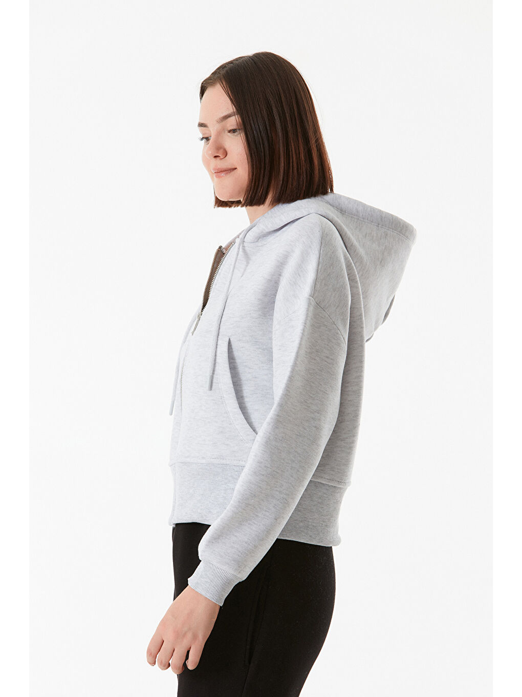 Fullamoda Gri Basic Cepli Kapüşonlu Crop Sweatshirt - 3