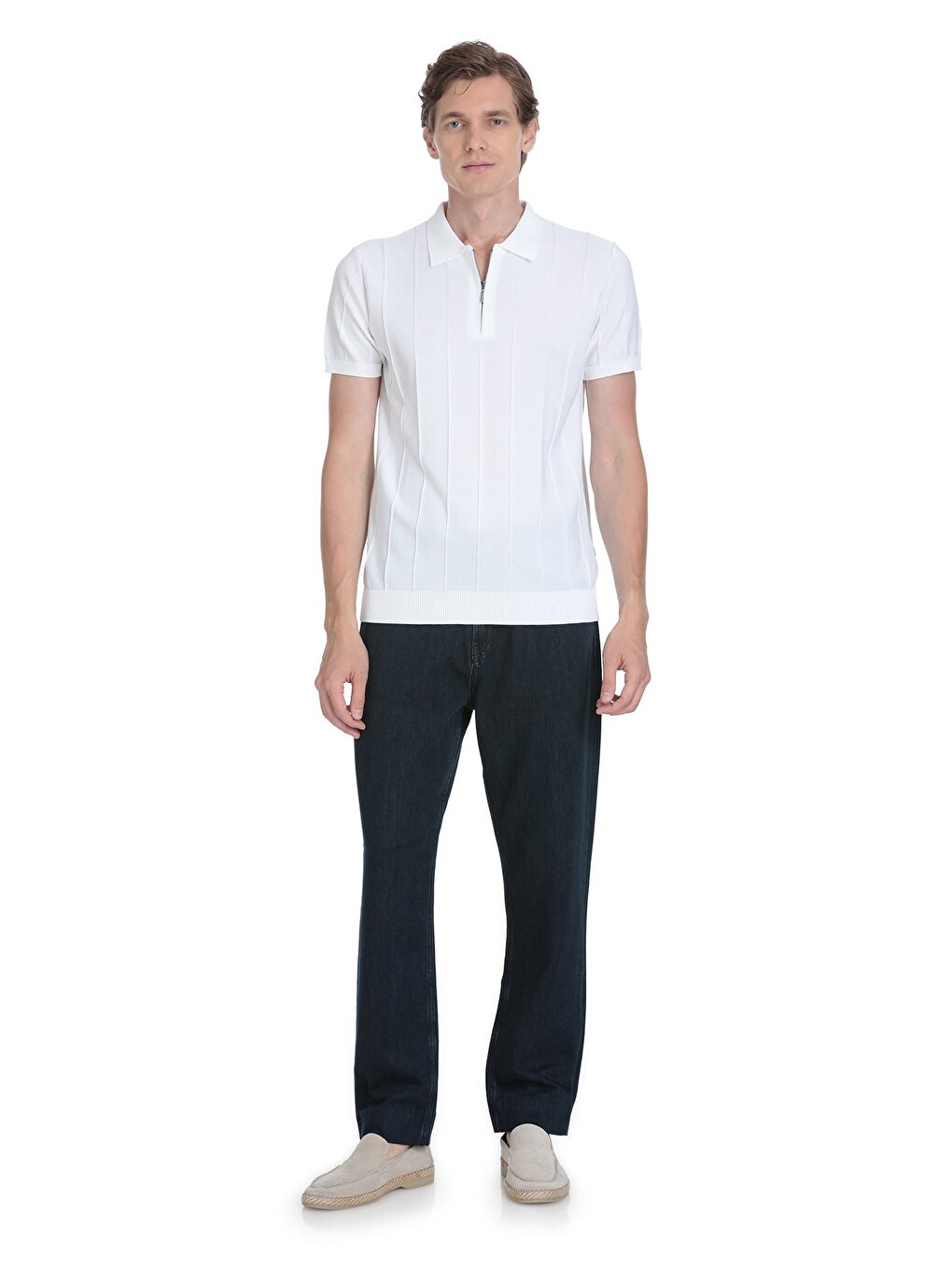 Beyaz Regular Fit Polo Yaka Rayon Tişört-1