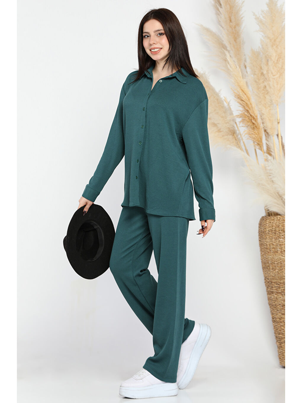 Yeşil Kadın Fitilli Gömlek Pantolon İkili Takım