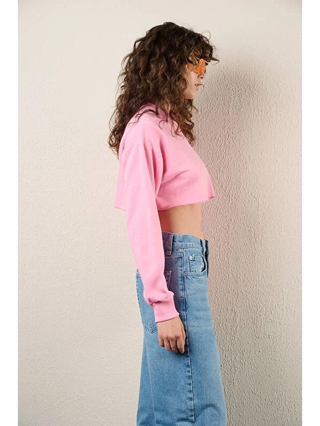 Kadın Pembe Basic Bisiklet Yaka Uzun Kollu Crop Sweatshirt HZL24W-ZK11351-2