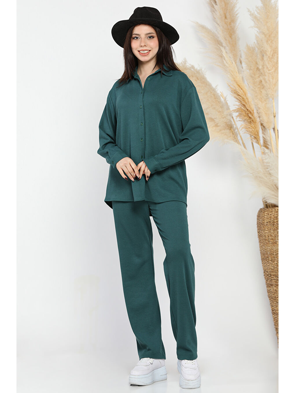 Yeşil Kadın Fitilli Gömlek Pantolon İkili Takım-1