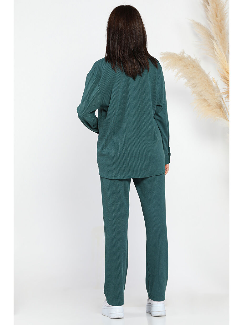 Yeşil Kadın Fitilli Gömlek Pantolon İkili Takım-2