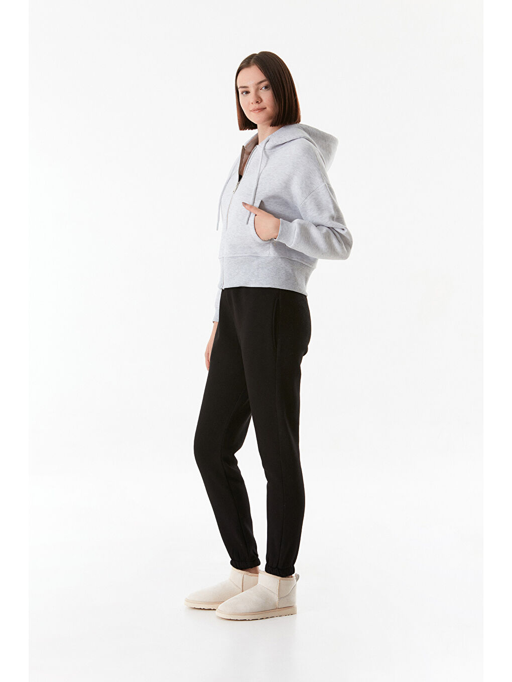 Fullamoda Gri Basic Cepli Kapüşonlu Crop Sweatshirt - 4