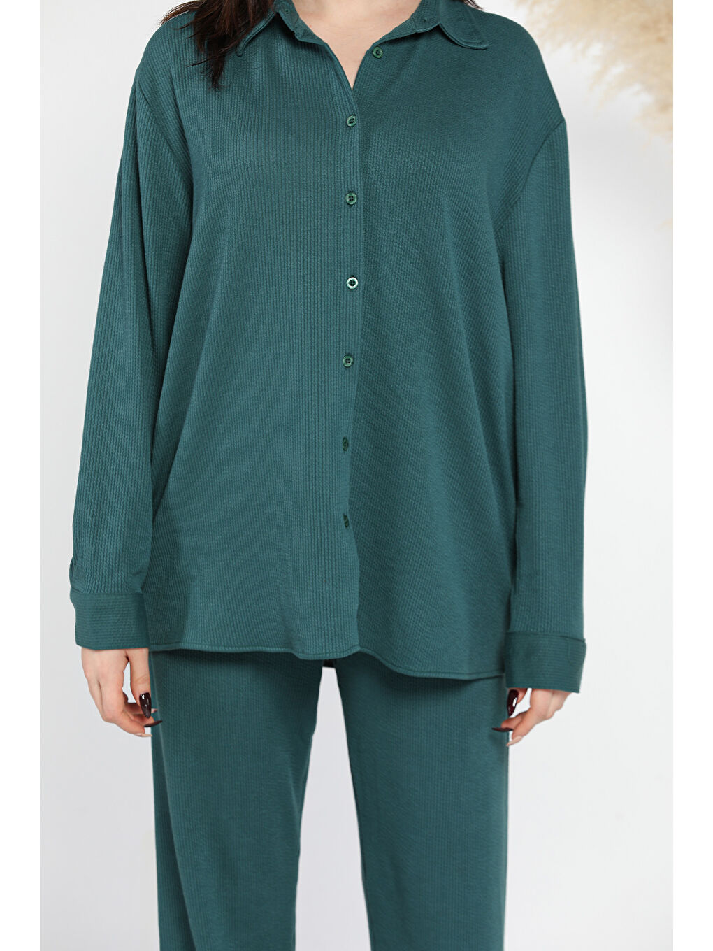 Yeşil Kadın Fitilli Gömlek Pantolon İkili Takım-3