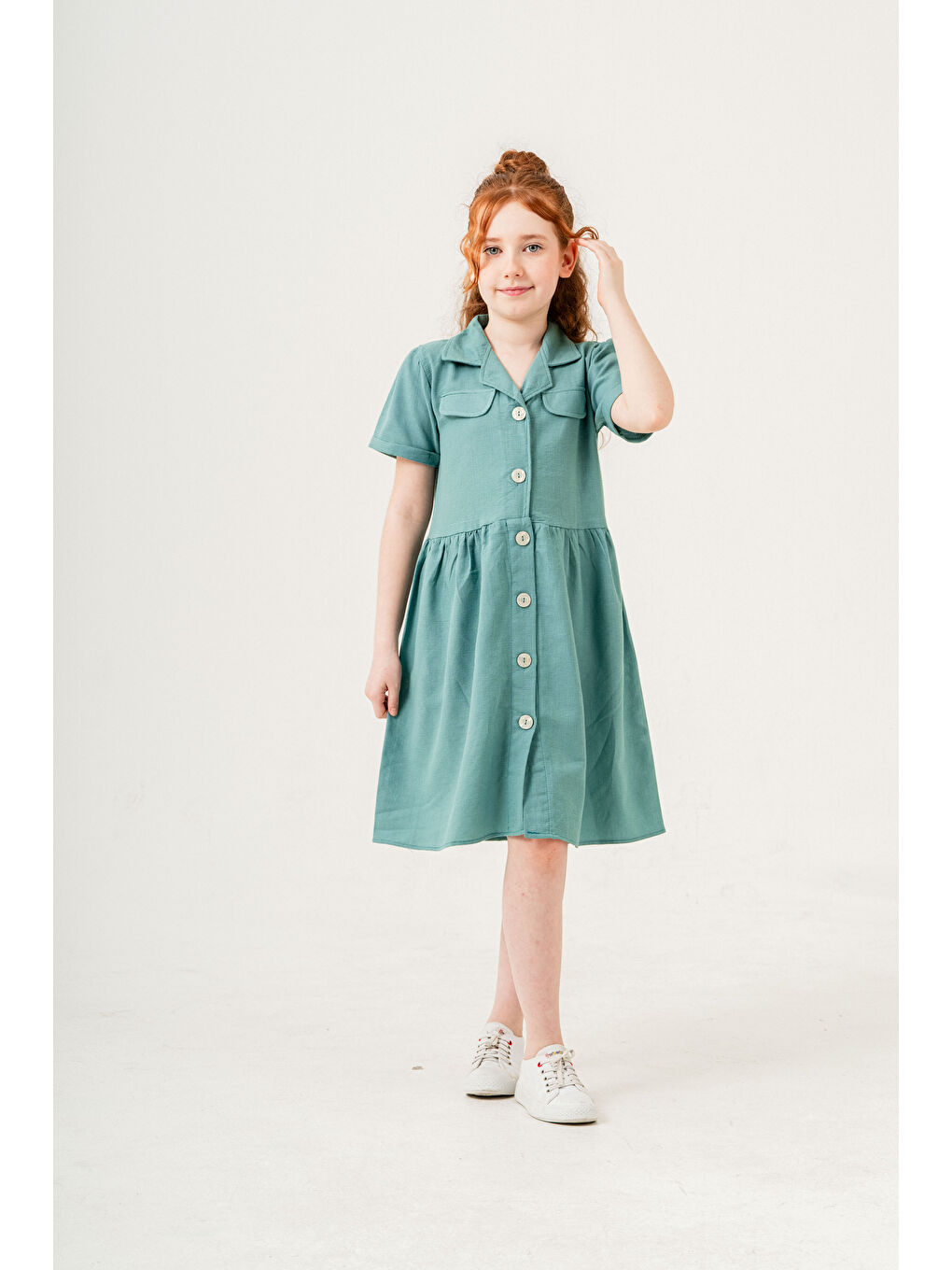 Yeşil Kız Çocuk Jüt Pamuklu Kısa Kollu Elbise P1009