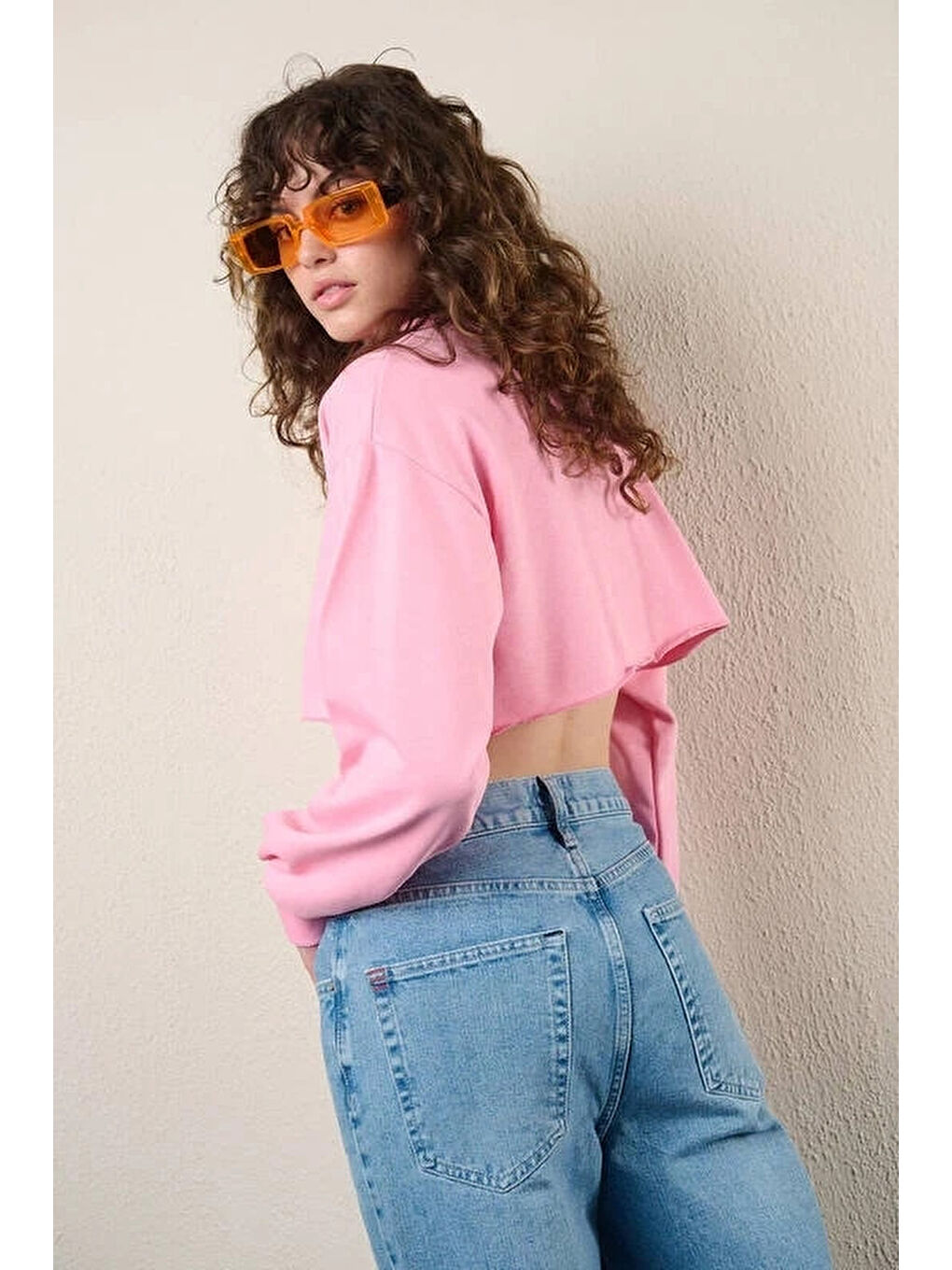 Kadın Pembe Basic Bisiklet Yaka Uzun Kollu Crop Sweatshirt HZL24W-ZK11351-4