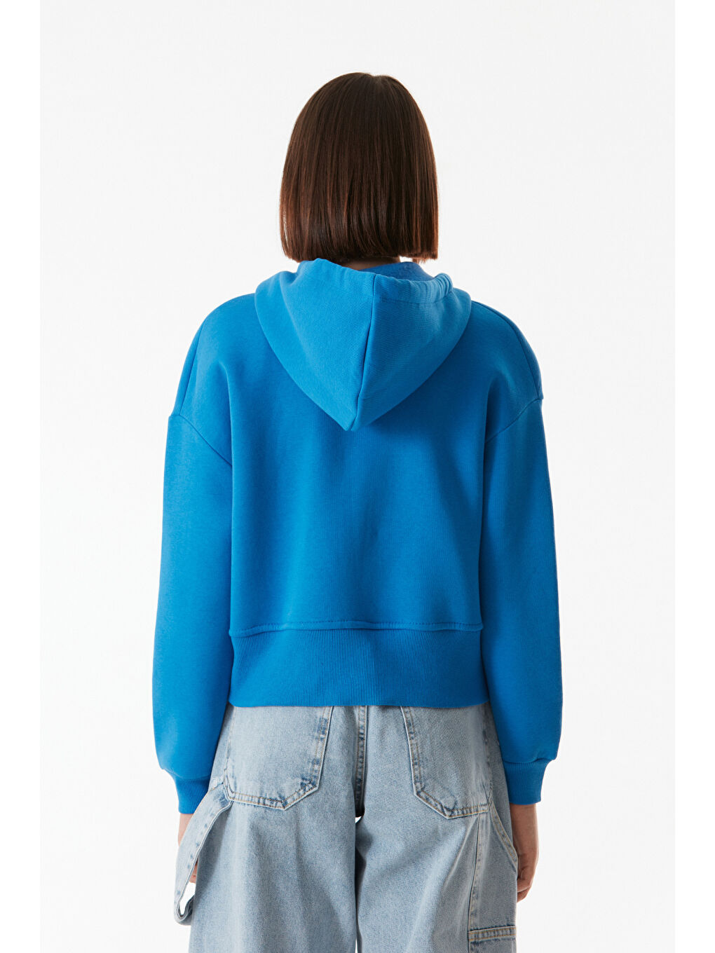 Fullamoda Mavi Basic Cepli Kapüşonlu Crop Sweatshirt - 3