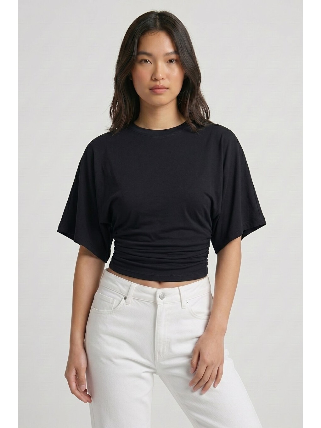 Siyah Bisiklet Yaka Beli Büzgülü Yarasa Kollu Crop Bluz