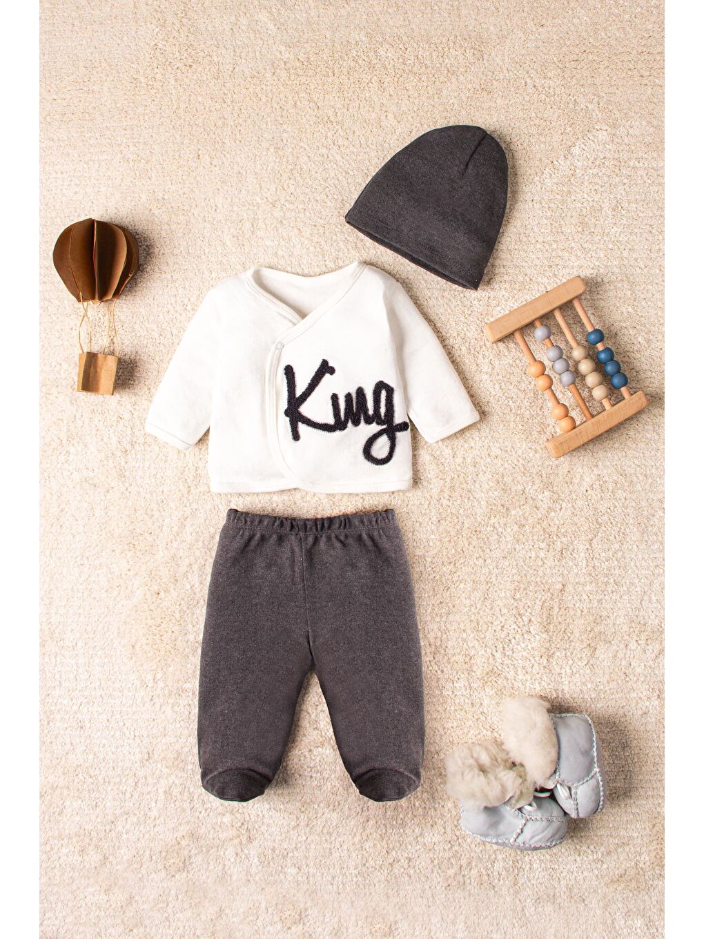 Gri King 3 Parça Hastane Çıkış Seti Bebek Takımı