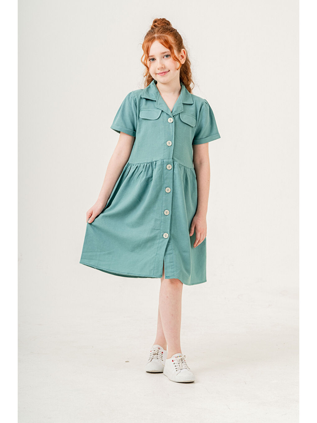 Yeşil Kız Çocuk Jüt Pamuklu Kısa Kollu Elbise P1009-1