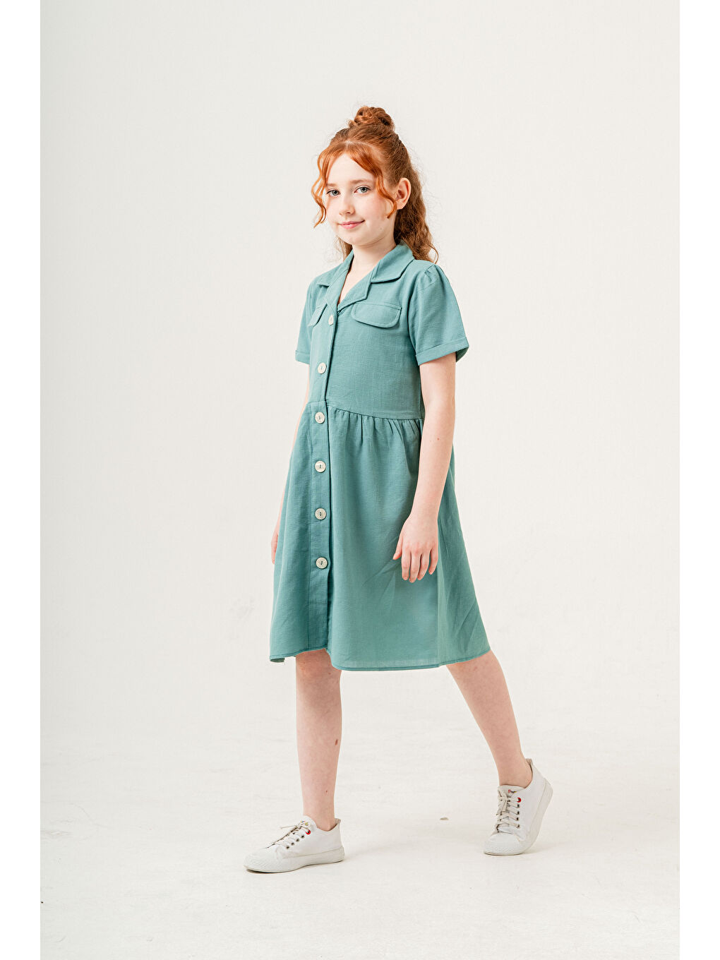 Yeşil Kız Çocuk Jüt Pamuklu Kısa Kollu Elbise P1009-2